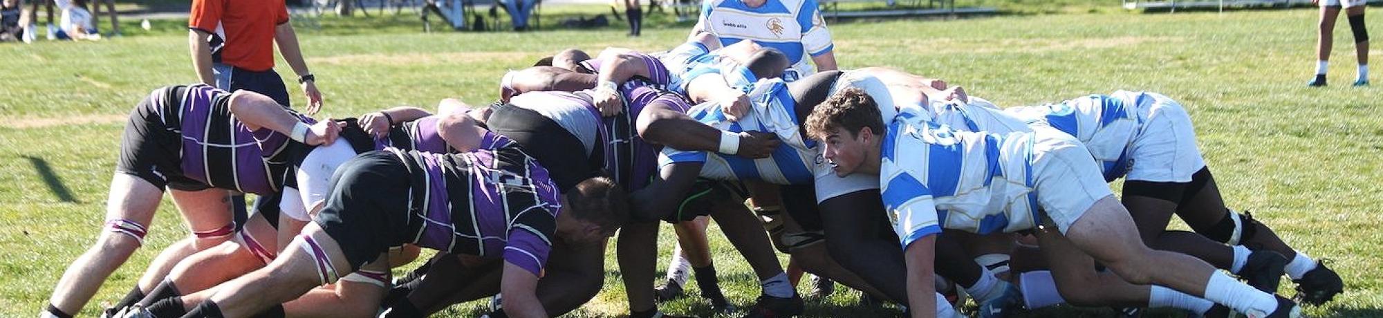 Image of two rugby teams in a scrum on a UC Davis playing field.